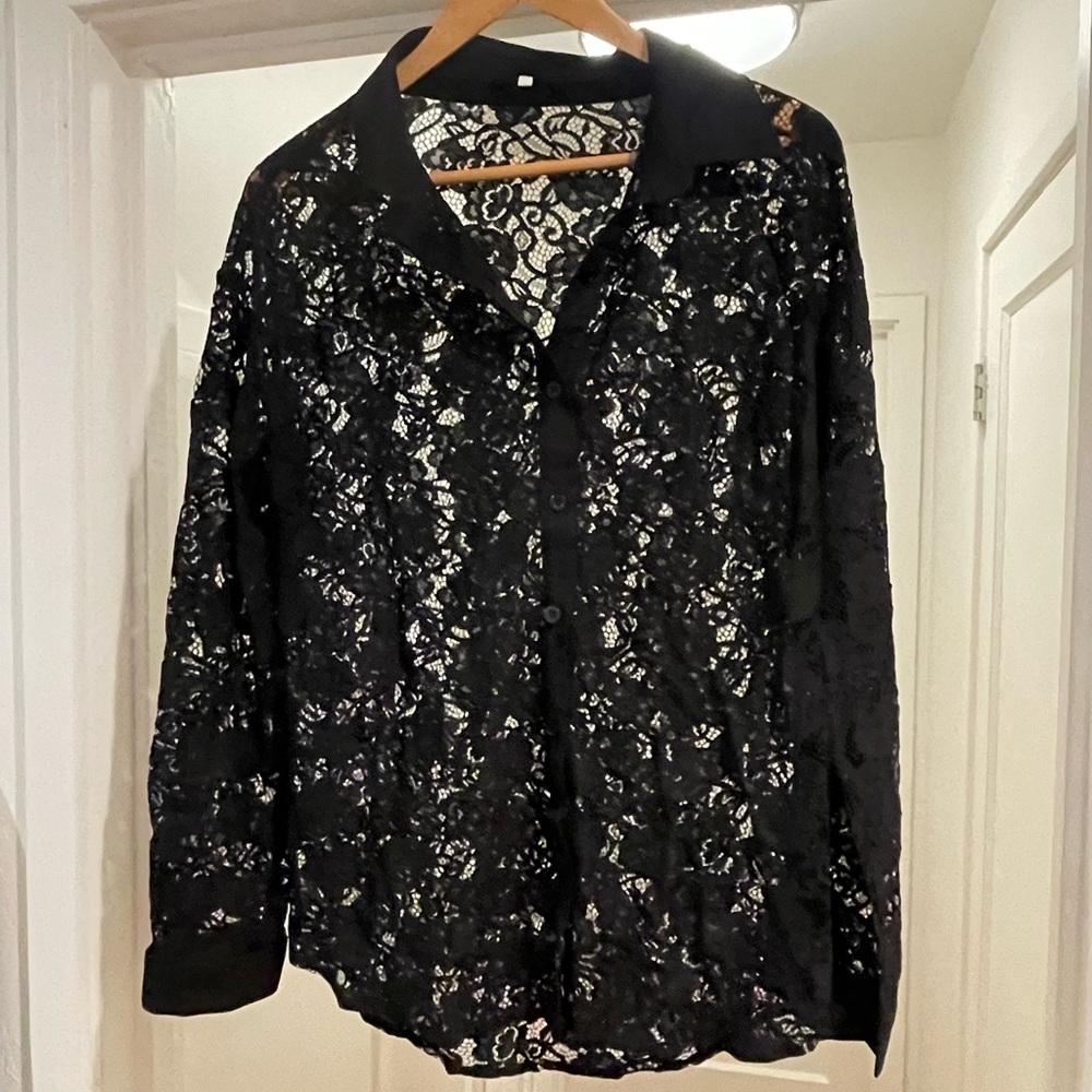 Black Lace Button-Up Collared Shirt